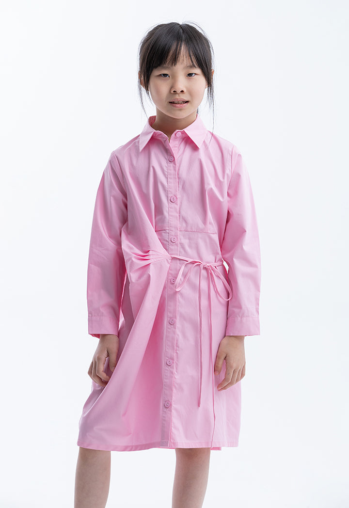 Solid Collared Self-Tie Cotton Shirt Dress