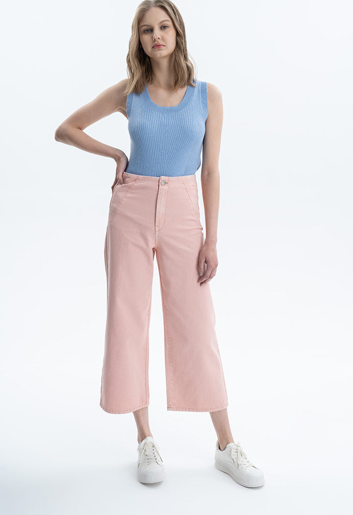 Solid Pleated Waist Wide Leg Jeans