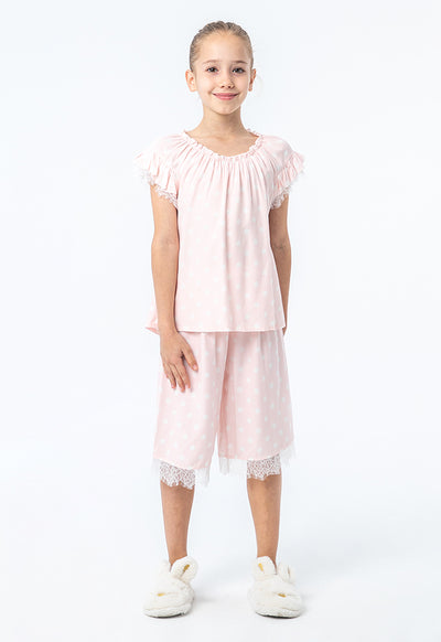 Polka Dots High-Low Ruffles Lace Pajama Set