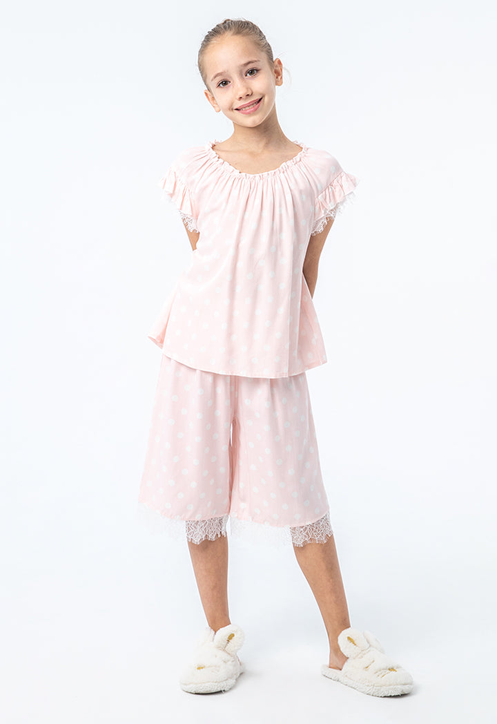 Polka Dots High-Low Ruffles Lace Pajama Set