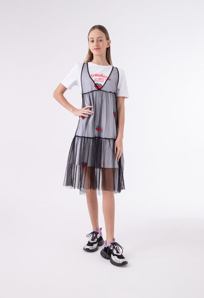 Tulle Overlay Jersey T-Shirt Dress