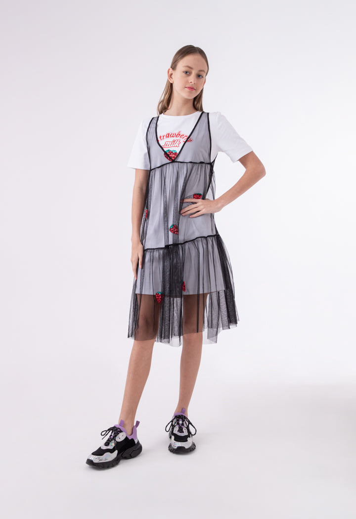 Tulle Overlay Jersey T-Shirt Dress