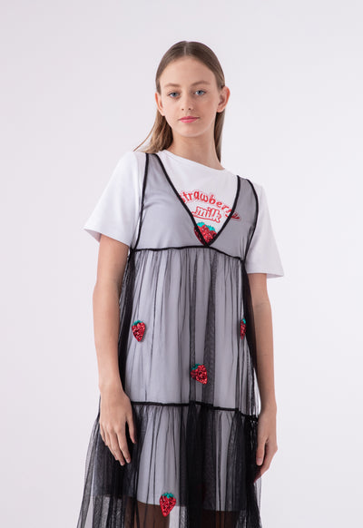 Tulle Overlay Jersey T-Shirt Dress