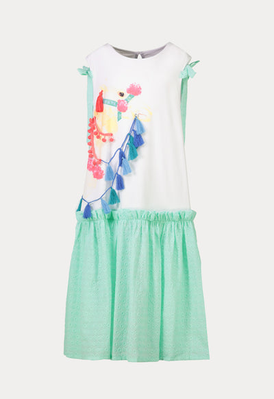 Printed Frill Trim Tassel Schiffli Sleeveless Dress