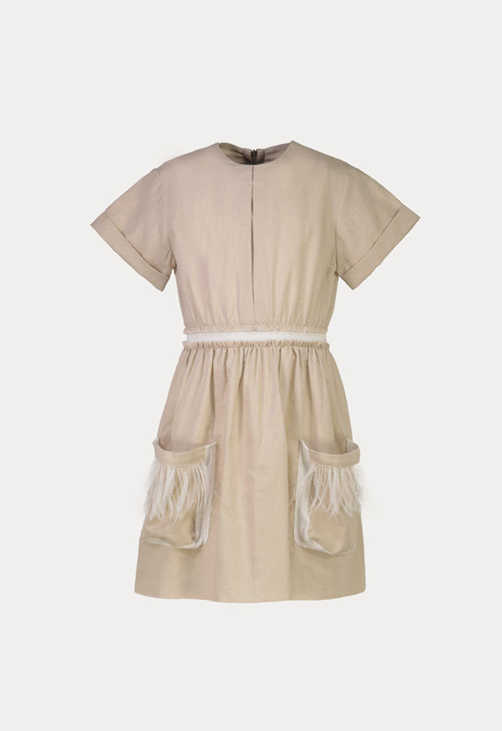 Ruched Feathers Details Elastic Waist Dress