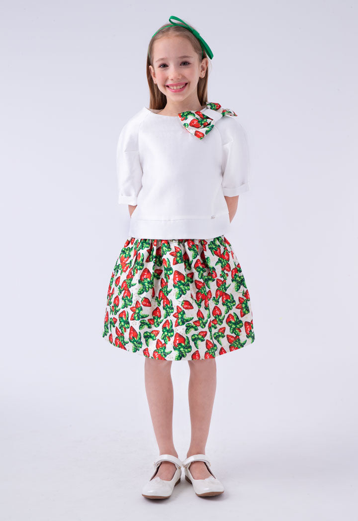 Bow Accent Blouse And Printed Skirt Set