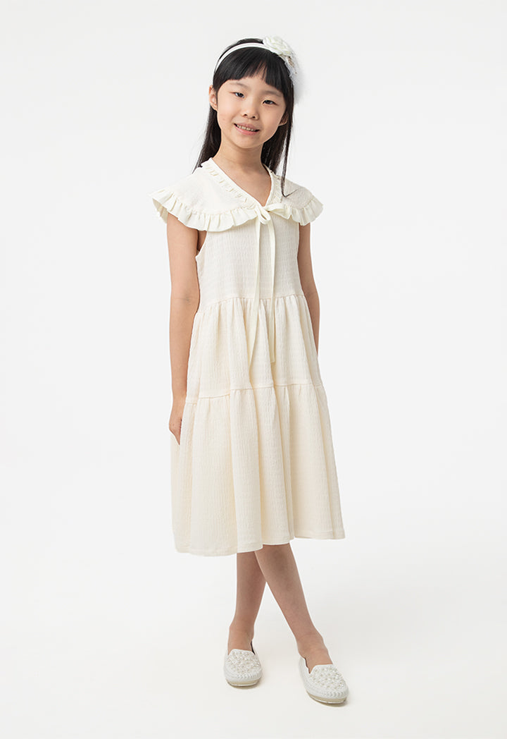 Sleeveless Textured Tiered Midi Dress With Attachable Collar