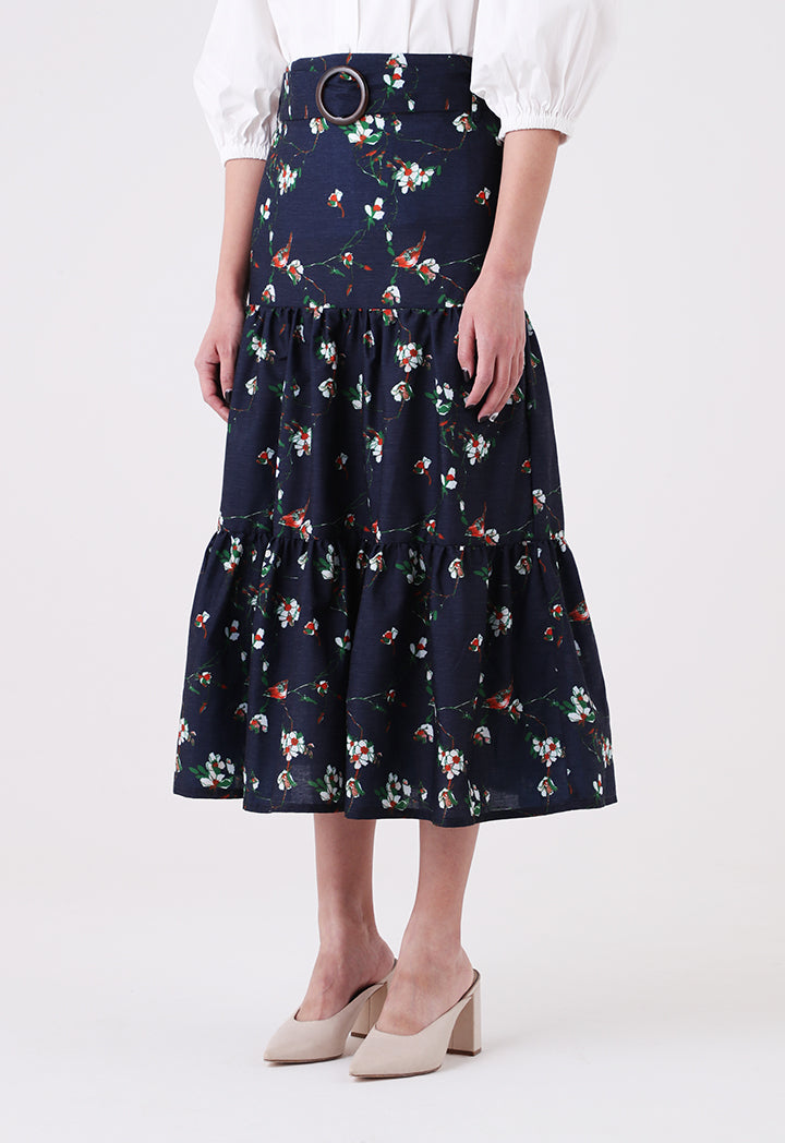Floral Tiered Belted Skirt