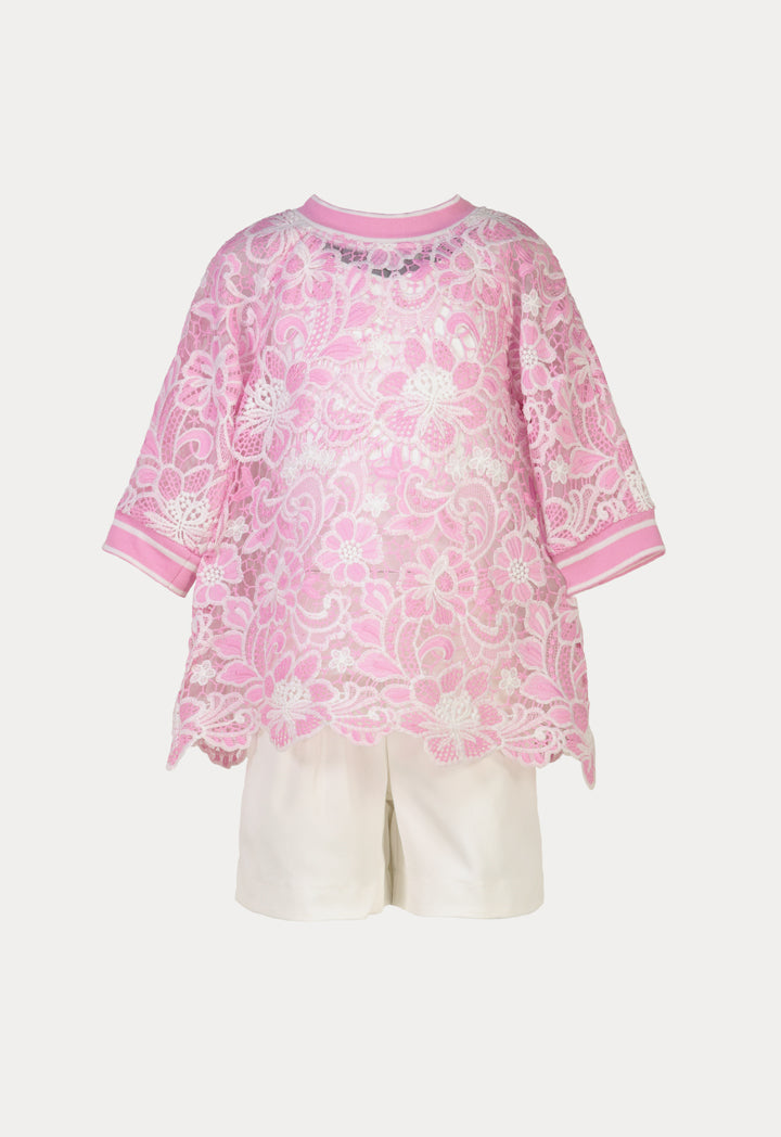 Ribbed Lace Floral Embroidered Blouse And Shorts Set