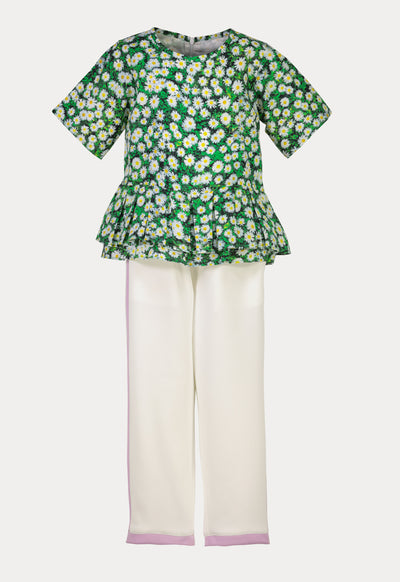 Pleated Floral Printed Peplum And Pant Set