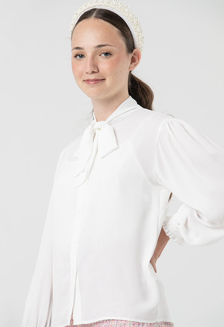 Self-Tie Ribbon Collared Solid Blouse
