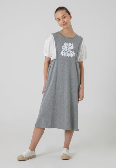 Sequin Text Print Puff Dress